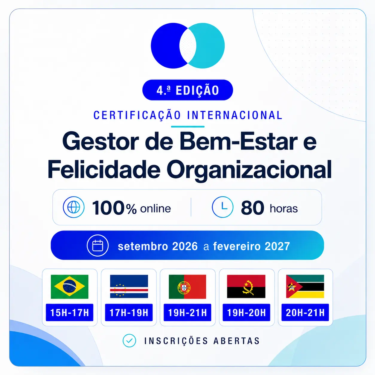 4.ª edição da Certificação Internacional de Gestor de Bem-Estar e Felicidade Organizacional: 100% online, 80 horas, de setembro de 2026 a fevereiro de 2027